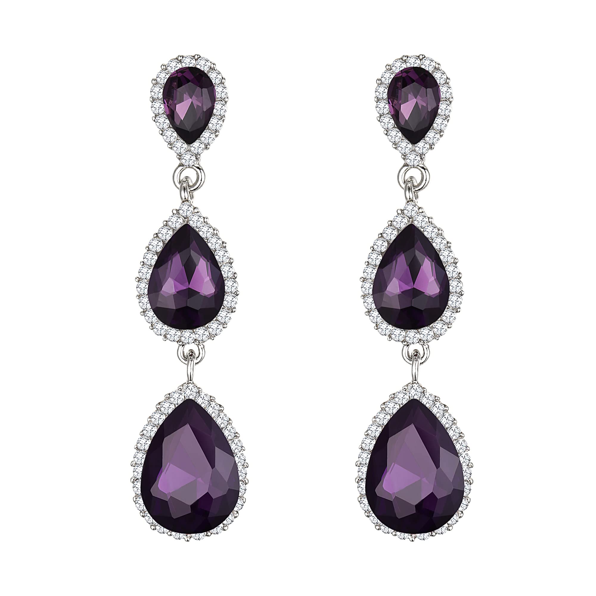 Clearine Women's Gorgeous Teardrop Crystal Long Drop Dangle Pierced Earrings for Wedding Prom Party Amethyst Silver-Tone