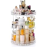 PJLANDI Acrylic 360 Degree Rotation Makeup Organizer, Cosmetic Storage holder shelf rack Perfume in Bathroom Dresser Diamond Pattern for skin care stand