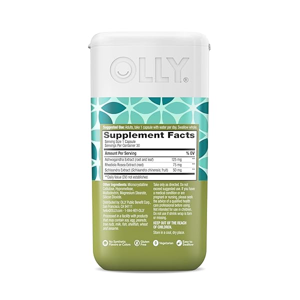 OLLY CHILL ADAPTOGEN, ASHWAGANDHA, MOOD SUPPORT SUPPLEMENT WITH RHODIOLA ROOT, VEGETARIAN CAPSULES – 30CT