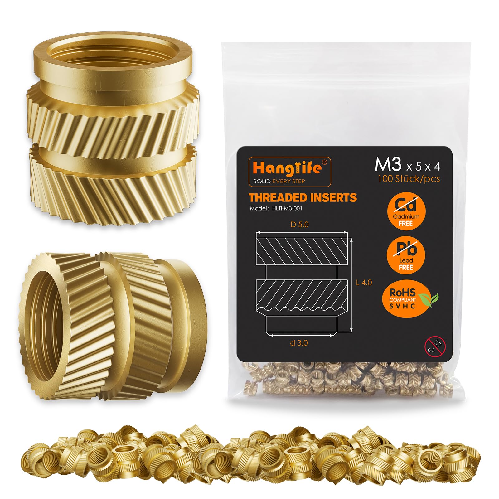 HANGLIFE Threaded Inserts for Plastic, M3 Heat Set Insert for 3D Printing Components and Plastic Parts - Brass Metric Knurled Nuts (100 Pieces) — image 1