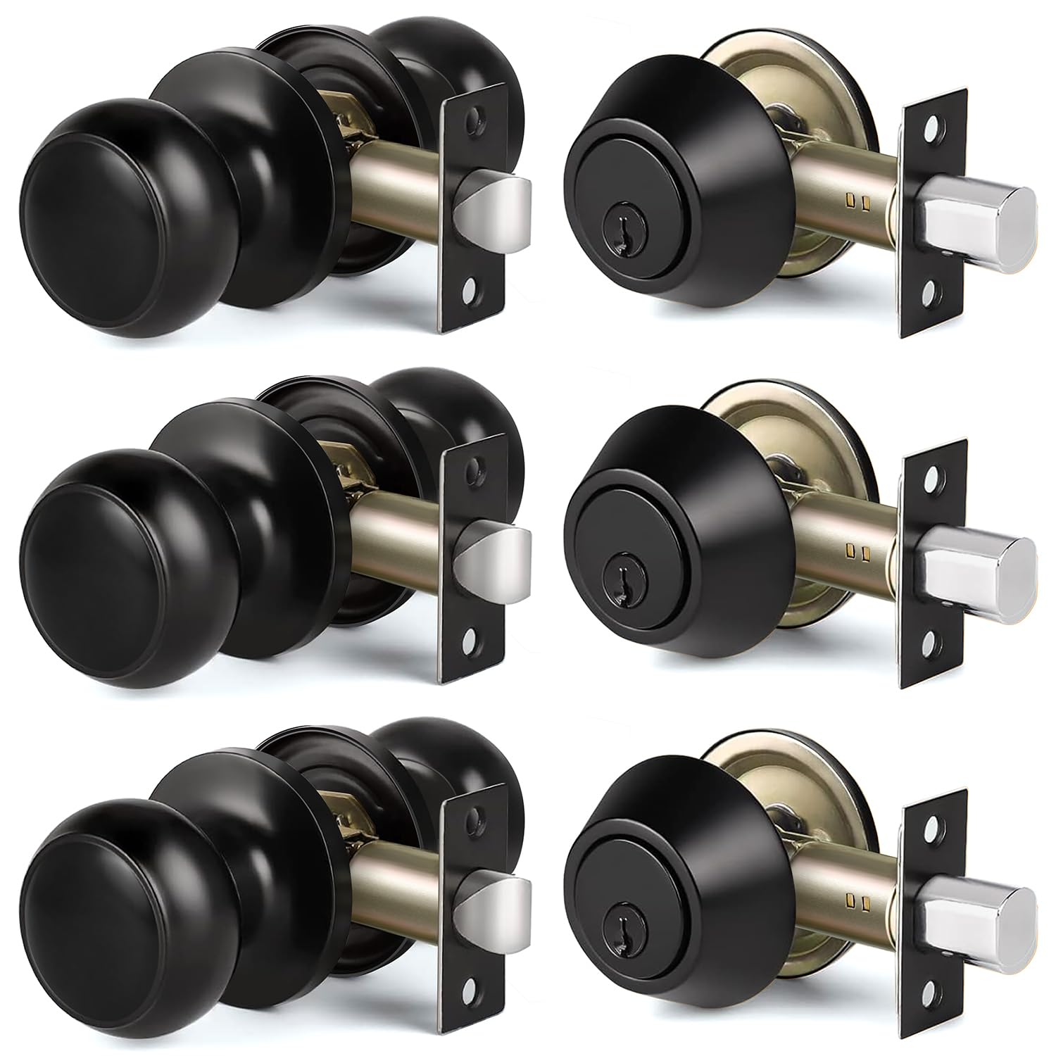 Photo 1 of CML Hardware 3 Pack Keyed Alike Deadbolt Lock and Passage Door Knob Set, Entry Deadbolt Door Lock Combo Set, for Interior and Exterior Door, Matte Black