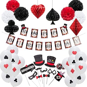 Magician Birthday Party Supplies Poker Themed Las Vegas Casino Themed Latex Balloons Paper Honeycomb Pom Poms Magic Show Photo Booth Props Decoration Easy Joy Amazon In Toys Games