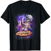 Funny Cat Flying A Pizza Astronaut Kitten Space T-Shirt