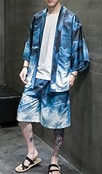 Ambcol Men's Japanese Style Kimono Tops Shorts Sets