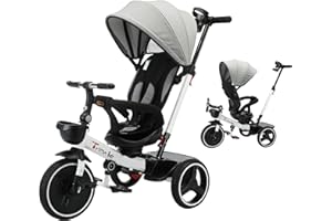 UBRAVOO Baby Tricycle,6-in-1 Baby Push Bike Steer Stroller,Learning Toddler Bike/Detachable Guardrail,Adjustable Canopy,Safet