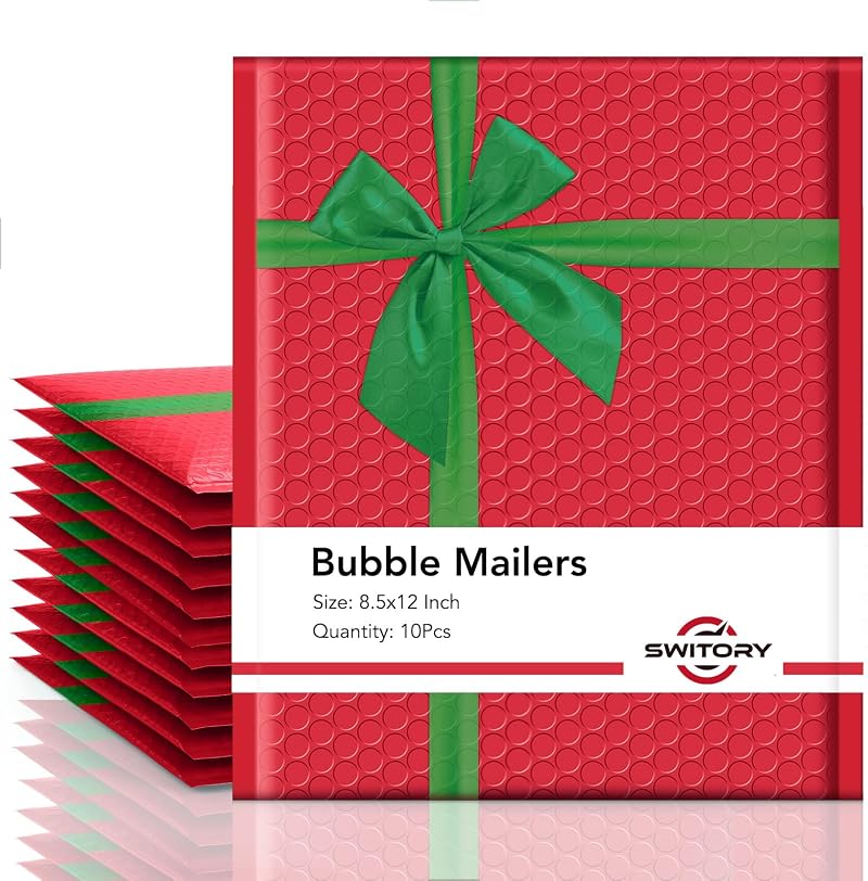 Switory Christmas Padded Envelopes A4 8.5x12 Inch Bubble Mailers Red Green Bow