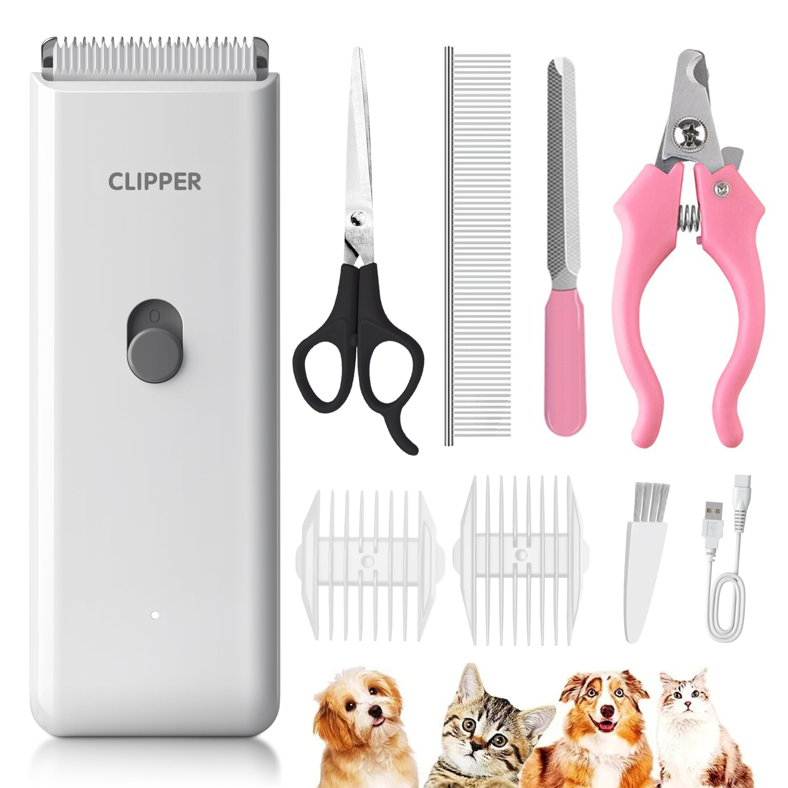 Favrison Dog Clippers, Professional Cat Grooming Kit for Matted Fur, Silent Cordless Cat Shaver, Rechargeable Dog Trimmers, Low Noise Pet Hair Clipper for Cats Dogs (White)