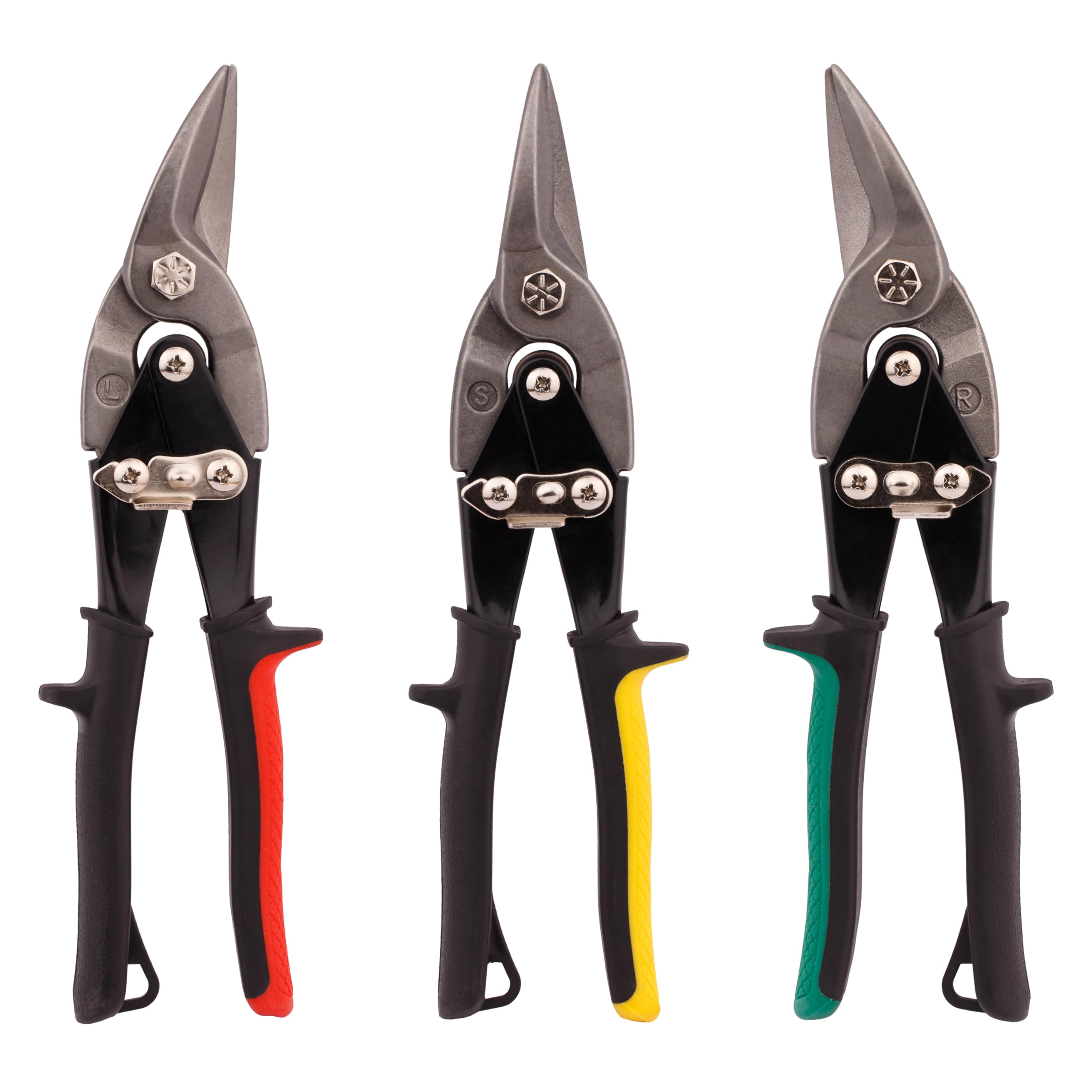 MIVOS Tin Snips Set of 3 - Left, Right and Straight Cut - Through-Through Scissors Made of Chrome Vanadium Steel - For Cutting Sheet Metal, Aluminium, Leather, Plastic, Copper, Plastic Panels