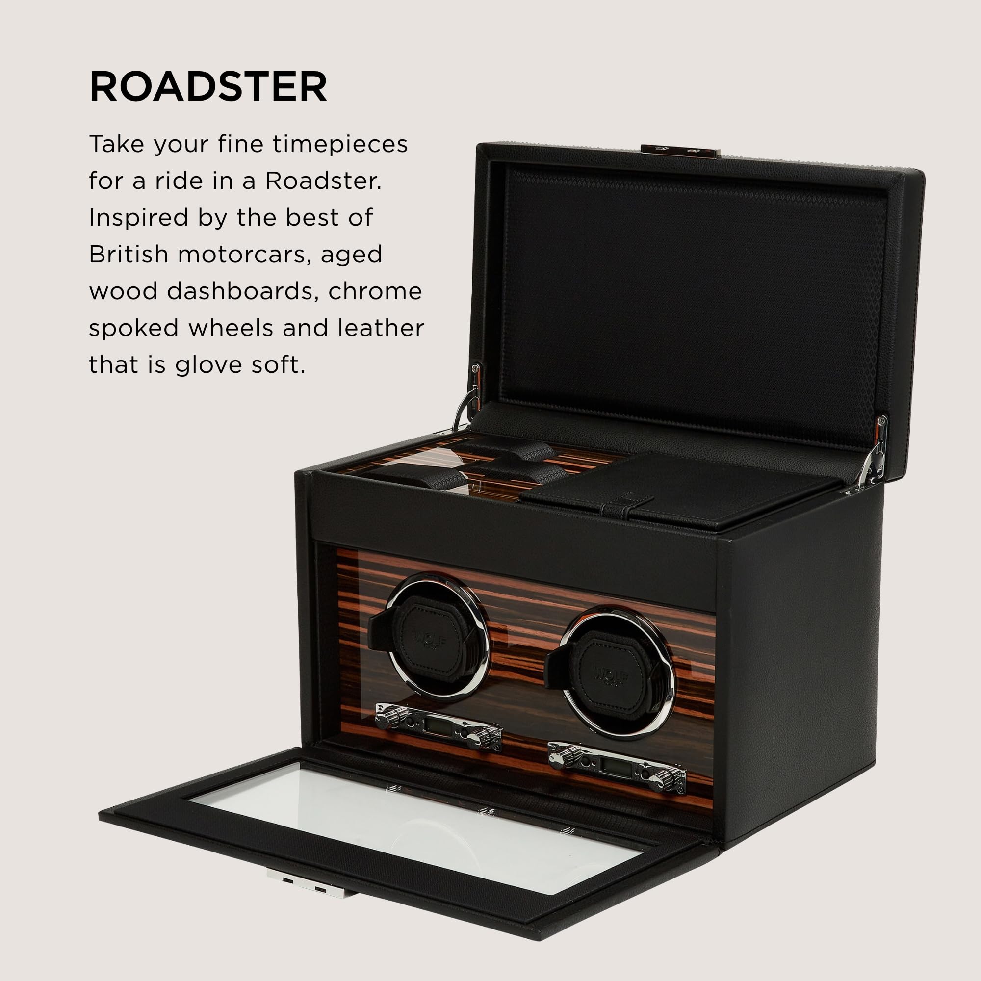 WOLF Roadster Double Watch Winder with Storage, Black - Secure Fit with Patented Lock-In Dynamic Cuff - Vegan Leather & Glass Cover - Includes Universal Adapter & Travel Case
