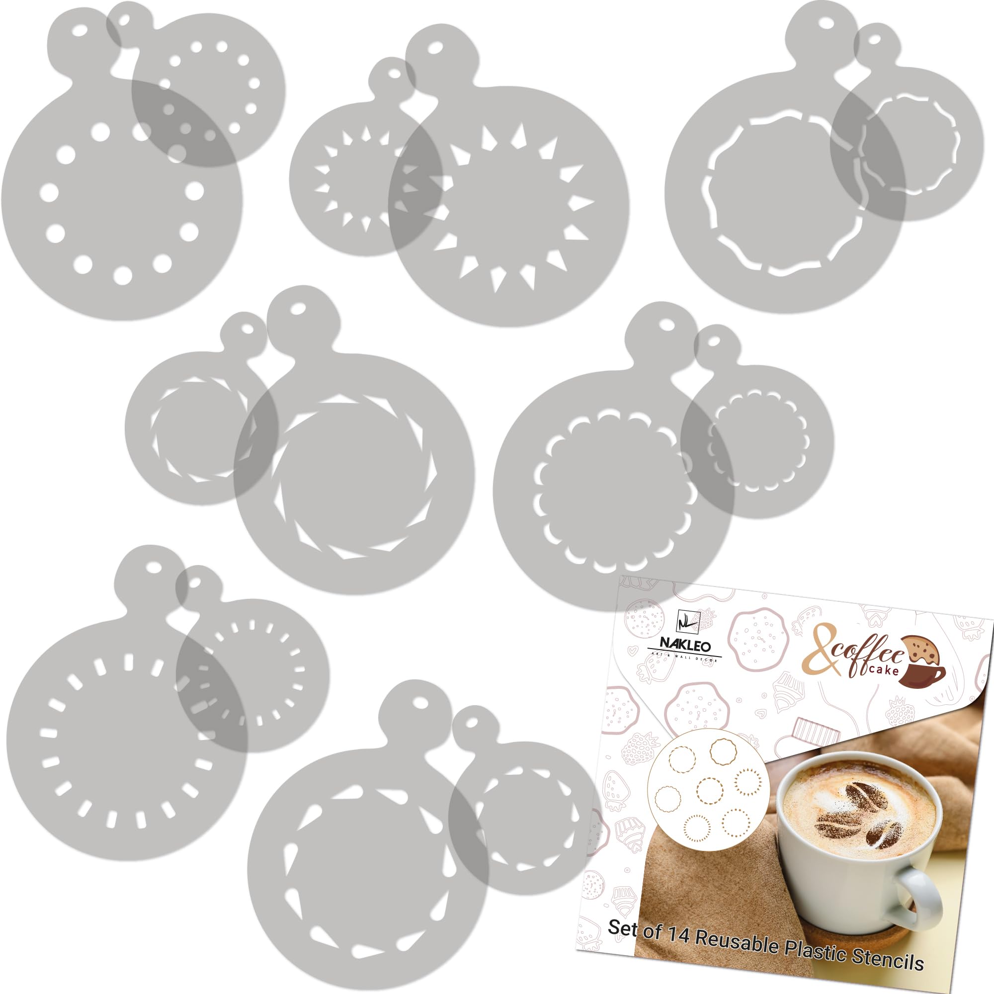 NAKLEO Coffee Stencils and Cookies Decoration 14Pcs 7x7 and 11x11cm, Reusable Plastic Baking Templates, Circles Ornament Border, Barista DIY Art Craft, Capuccino Latte Chocolate Cake Biscuit Kitchen
