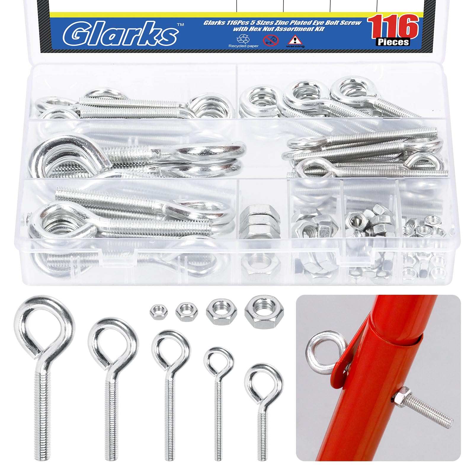 Glarks 116 Pcs 5 Sizes Eye Bolt Screw Assortment Kit, Stainless Steel Welded Closed Eye Bolts Heavy Duty Threaded Bolts with Nuts for Indoor and Outdoor Hanging