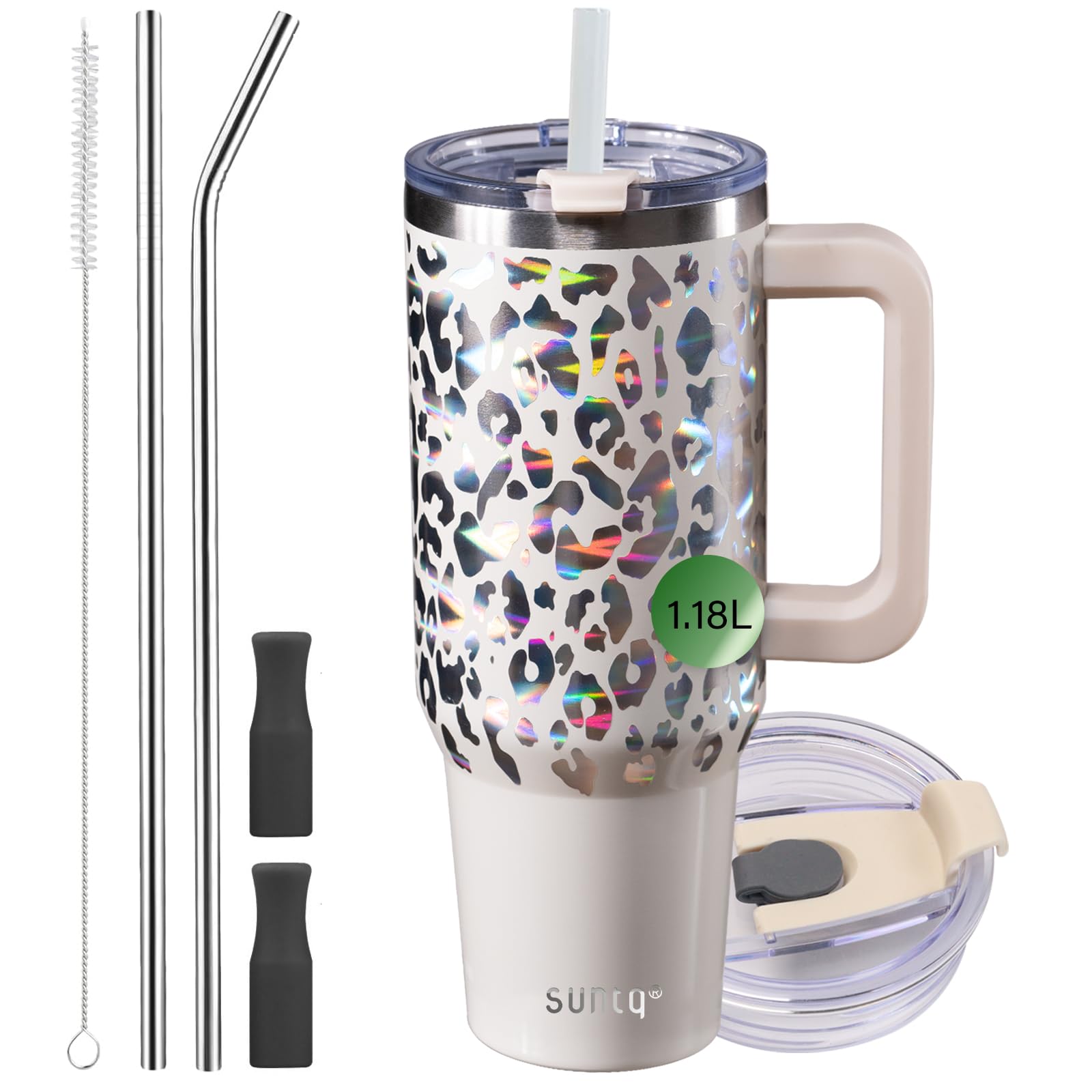 SUNTQ 40oz Tumbler with Handle, Double Wall Vacuum Insulated Water Bottle with Straw and Lid, Stainless Steel Travel Coffee Mug, Reusable Thermal Cup for Beverages, Fit in Cup Holder(Ivory-Leopard) — image 1