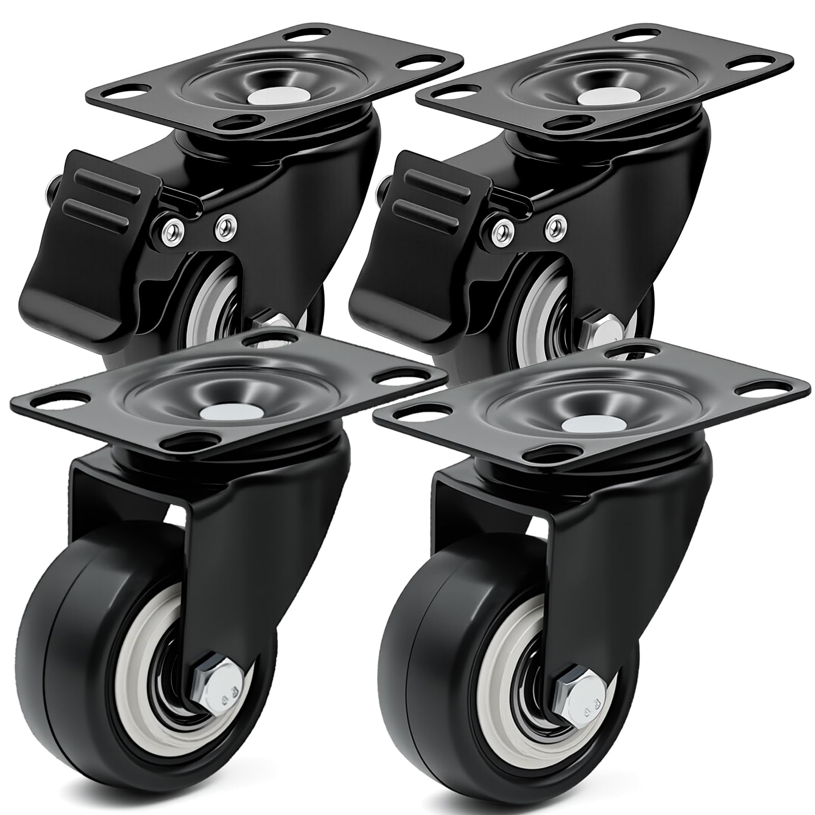 Gaodeding Heavy Duty Castor Set of 4, Load Capacity Up to 200kg, 360° Swivel Trolley Wheels - Quiet, Rubberised Castors for Furniture（40mm,2 with Brakes & 2 Without）
