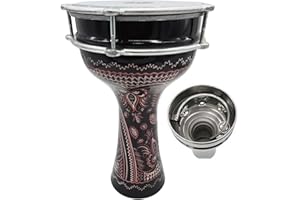ZAZA Percussion 16'' Length Aluminum Darbuka, 8" Tunable Synthetic Head and Internal Jingles Doumbek (Black-Engrave 2)