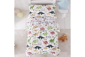 Joyreap 4 Piece Toddler Bedding Set, Dinosaur Theme Printed on White, Standard Size Includes Quilted Comforter, Fitted Sheet, Top Sheet, and Pillow Case for Boys n Girls