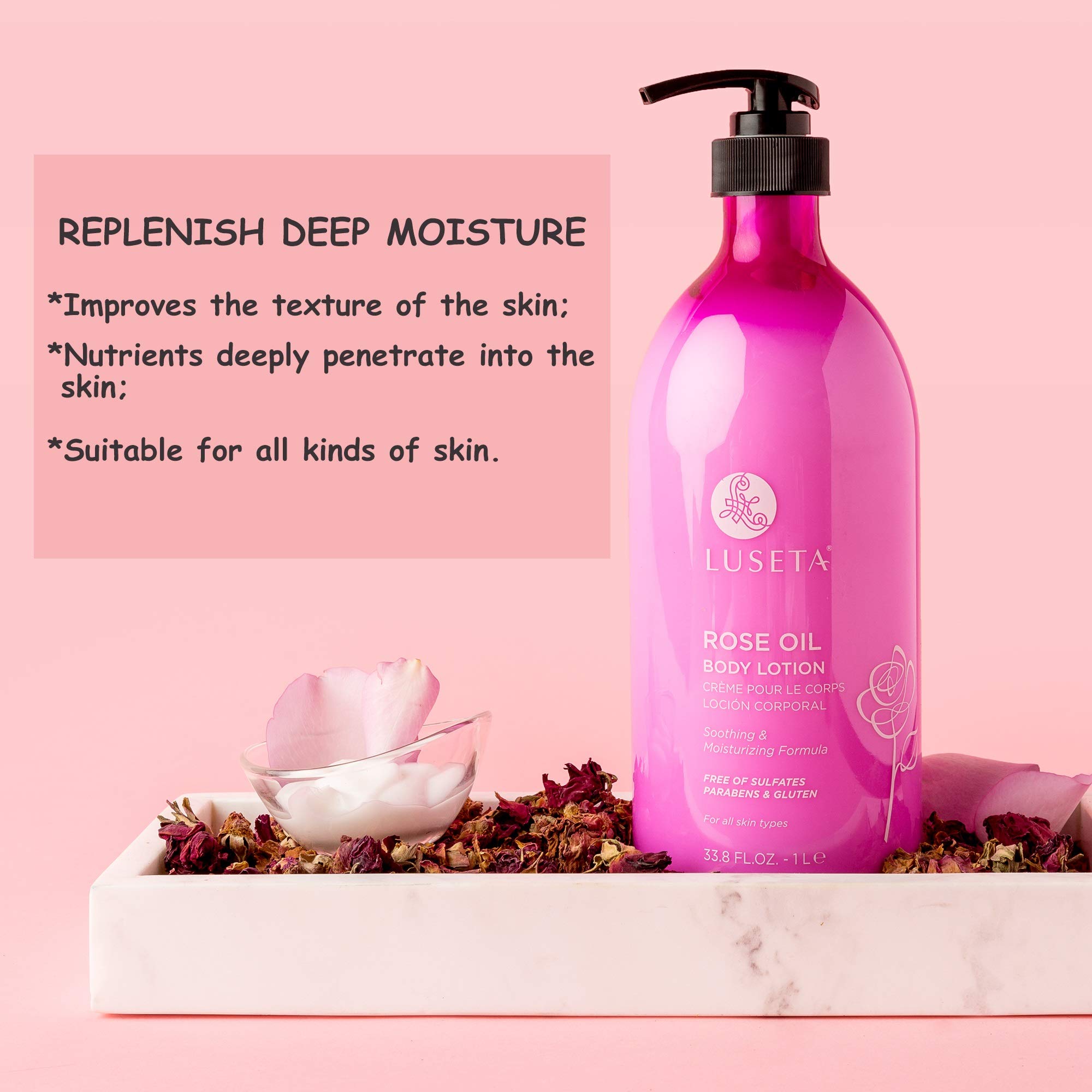 Luseta Rose Scented Body Lotion for Women 33.8oz, Moisturizing Body Lotion with Natural Rosa Rugosa Flower Extract, Sulfate & Paraben Free
