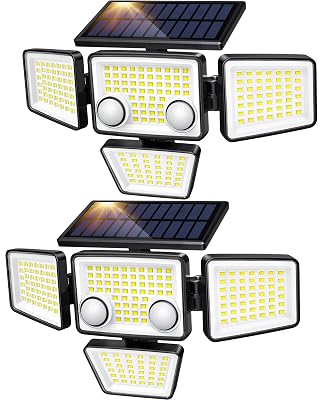 LYWALT Solar Outdoor Lights - 3000LM 188 LED Motion Sensor Outdoor Lights, 4 Heads Security Light,IP65 Waterproof, Easy Install,270°Wide Angle Flood Wall Light with 3 Modes for Backyard Yard (2 Pack)