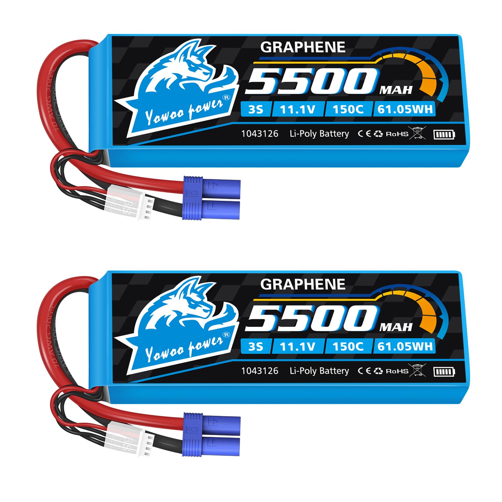 Photo 1 of Yowoo 3S Lipo Battery 150C 5500mAh 11.1V Graphene Battery EC5 Connector with Metal Plates for RC Airplane Helicopter F450 Quadcopter Car Truck Boat RC Hobby (2 Pack)