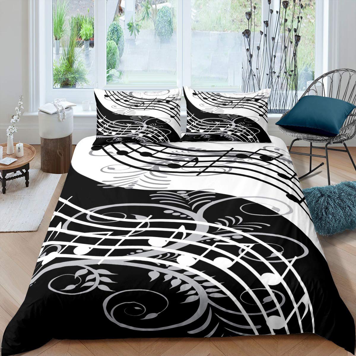 feelingyou Black and White Color Duvet Cover Microfiber Quilt Cover Decorative Sheet Music Pattern 3Pcs Bedding with 2 Pillowcase Double (No Comforter),Double (79 inchx79)