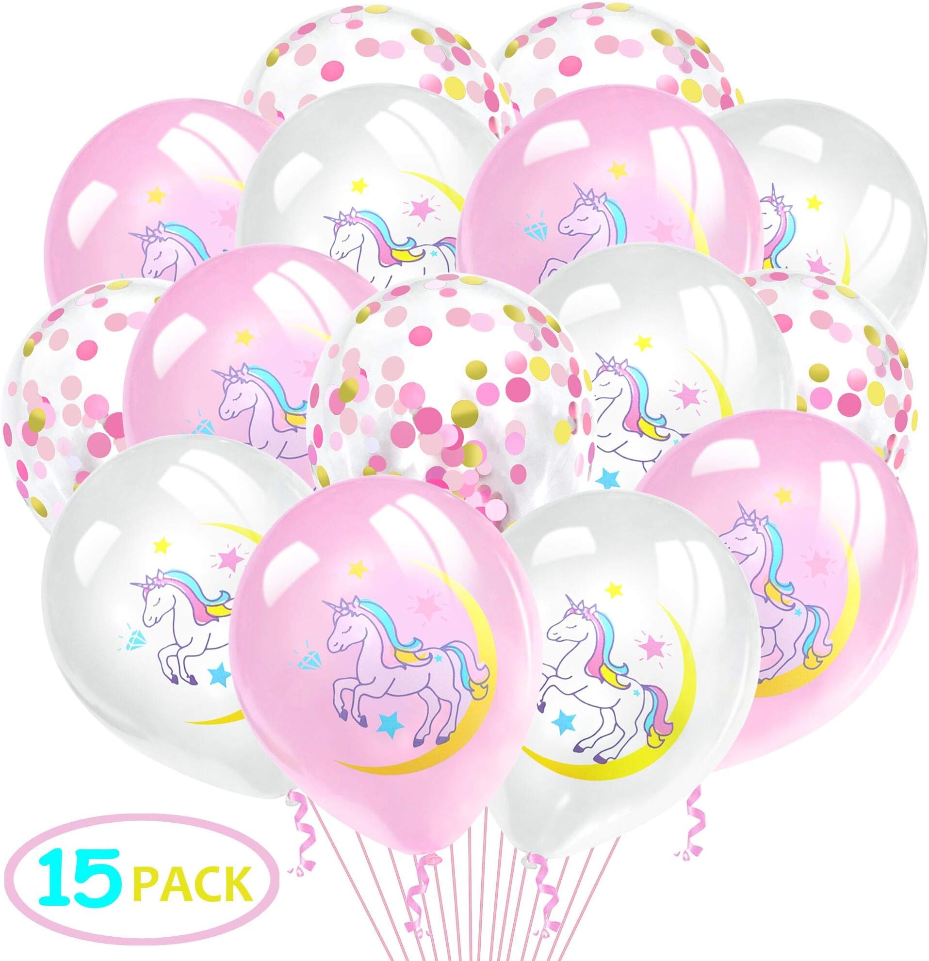 Grier Unicorn Balloons, 15pcs White Pink Latex and Gold Rose Pink Confetti Balloons for Unicorn Birthday Party Baby Shower Unicorn Theme Party Festival Party Decorations