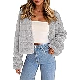 Fisoew Womens Cropped Faux Fur Jackets Long Sleeve Open Front Fluffy Short Coats
