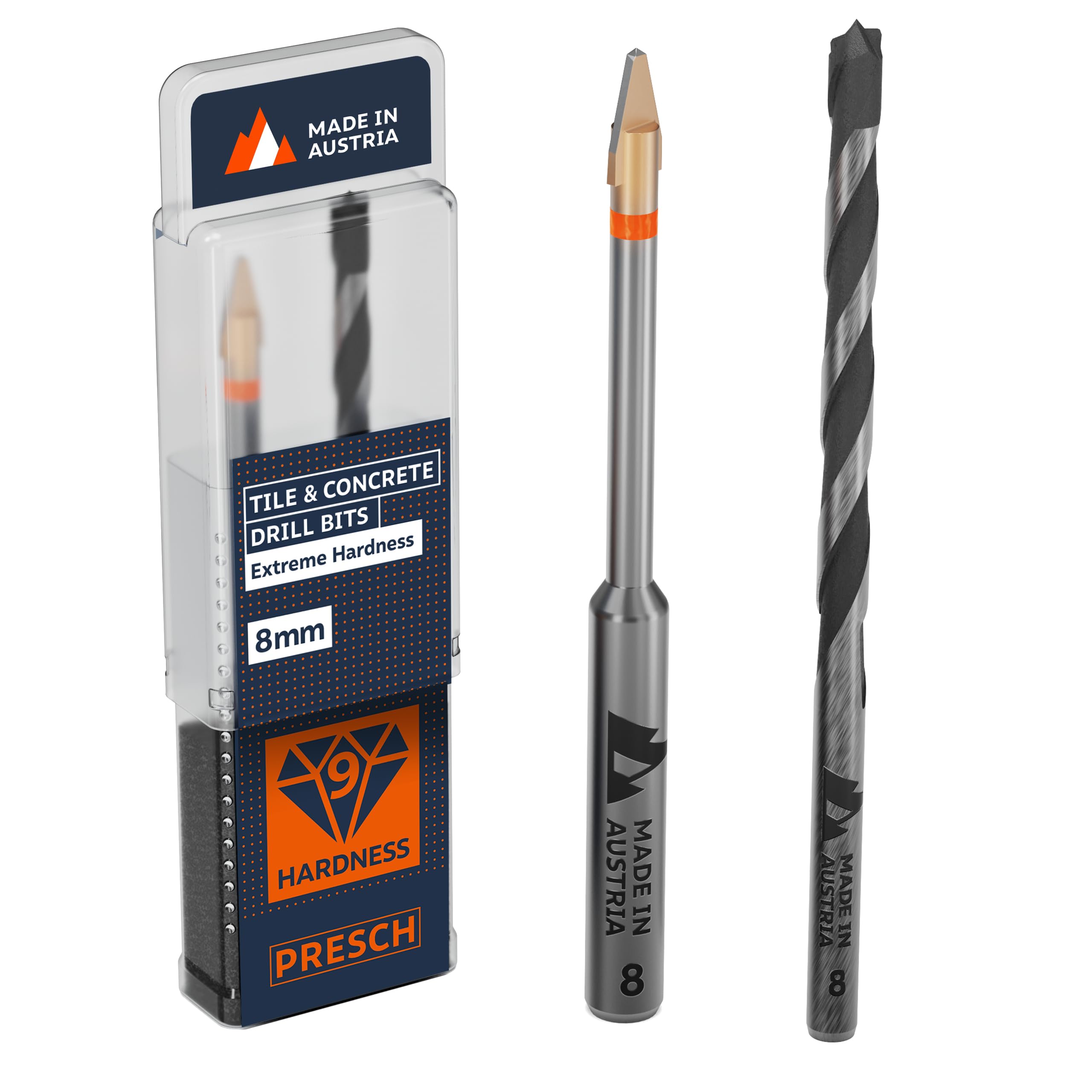 Presch Tile Drill Bit & Concrete Drill Bit Set ⌀ 8mm | Drill Bit for Ceramic, Hard Tiles, Porcelain, and Glass | Porcelain Drill bit, Ceramic Drill bit included matching Concrete Drill and Box — image 1