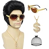 YTbeauty 50s Rock Wig with Sunglasses and Necklace for Mens Singer Rocker Costume 1950s Wig for Cosplay Halloween Party (4Pcs Set)