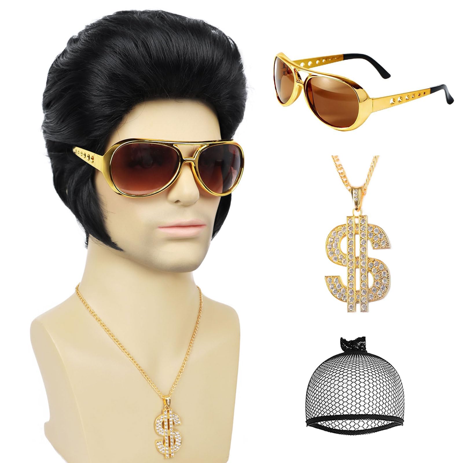 Photo 1 of YTbeauty 50s Rock Wig with Sunglasses and Necklace for Mens Singer Rocker Costume 1950s Wig for Cosplay Halloween Party (4Pcs Set)
