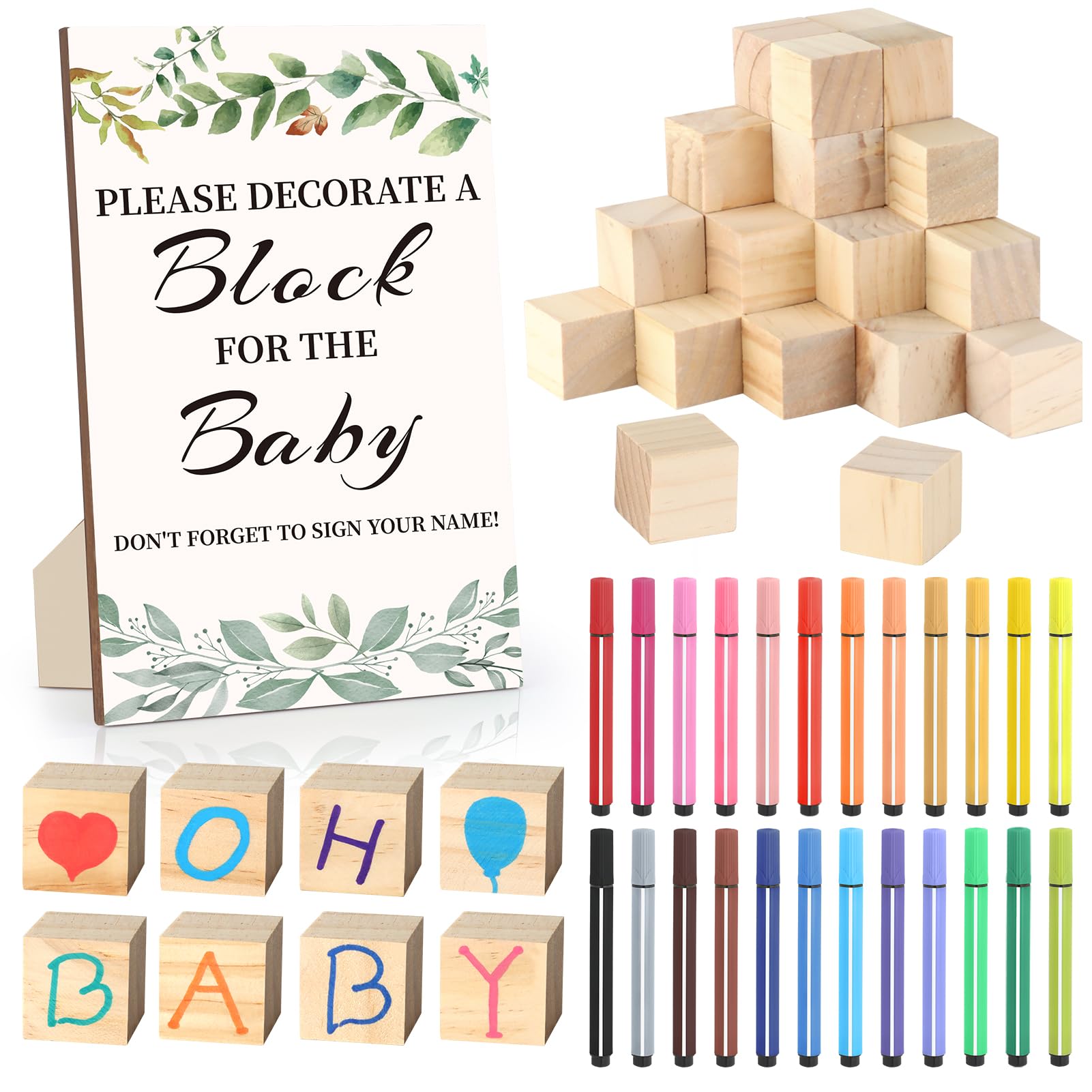 Photo 1 of wookidel Baby Shower Games Sign Kit with 50 Blank Wooden Baby Blocks, 24 Acrylic Paint Marker and Wooden Sign, Blocks for Baby Shower, Gender Reveals Party(Green)