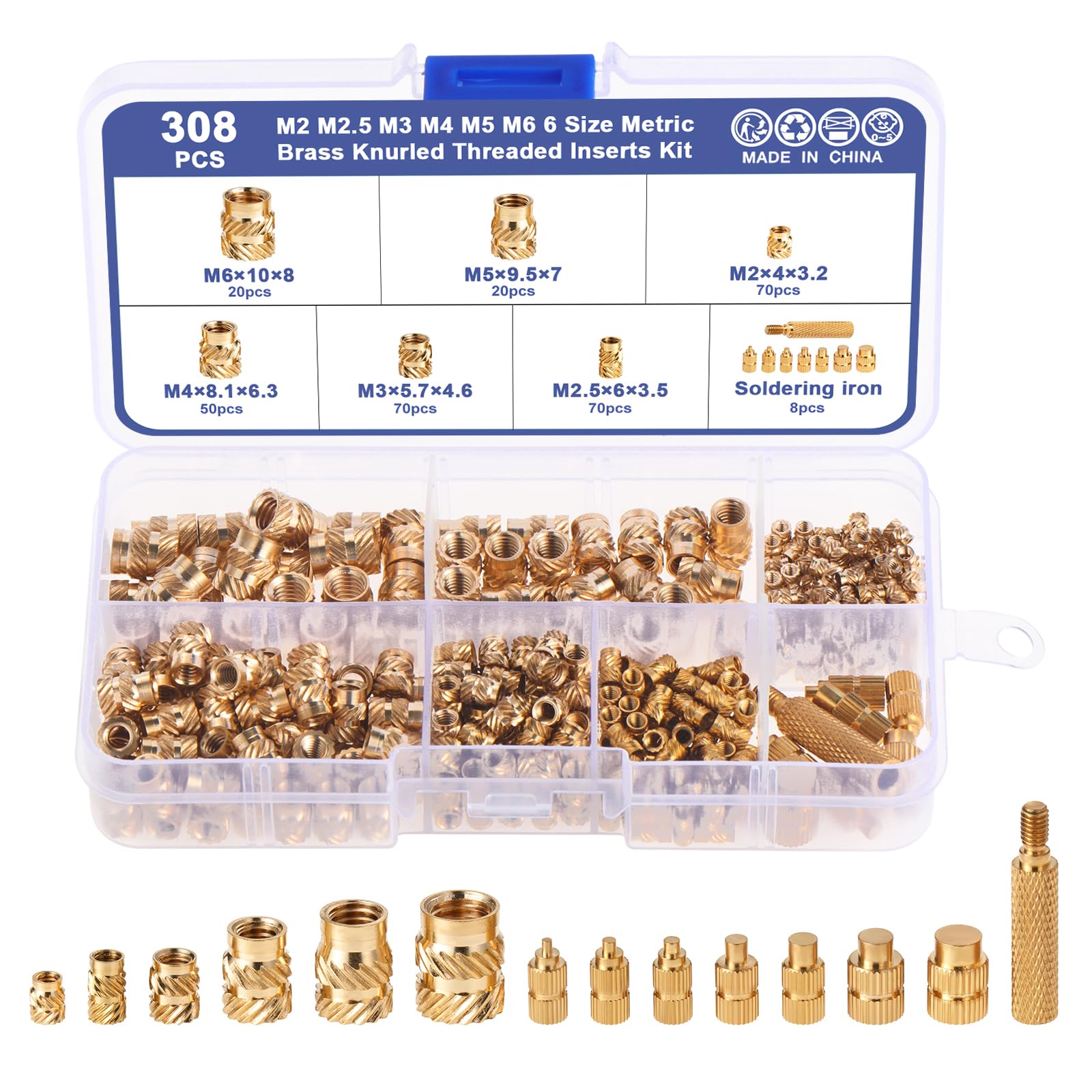 Habwea 308PCS Threaded Inserts for Plastic,M2 M2.5 M3 M4 M5 M6 Threaded insert with Heat Set Insert Tips for 3D Printer Plastic Parts Brass Metric Knurled Embedment Nuts