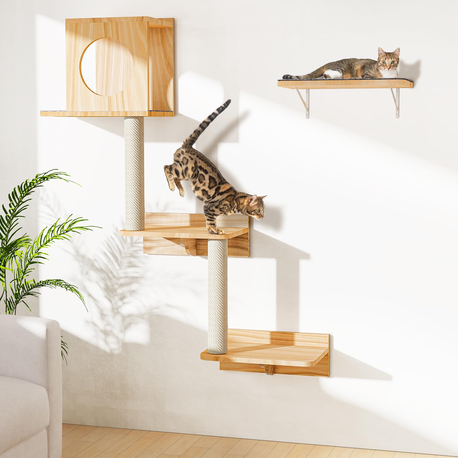 Photo 1 of Wall Mounted Cat Tree 47” Tall, Cat Activity Tree Tower Set: Scratching Post, Climbing Step and Interior Bed Area, Wooden Handcrafed Cats Wall Shelves for Sleeping Playing Lounging Perching