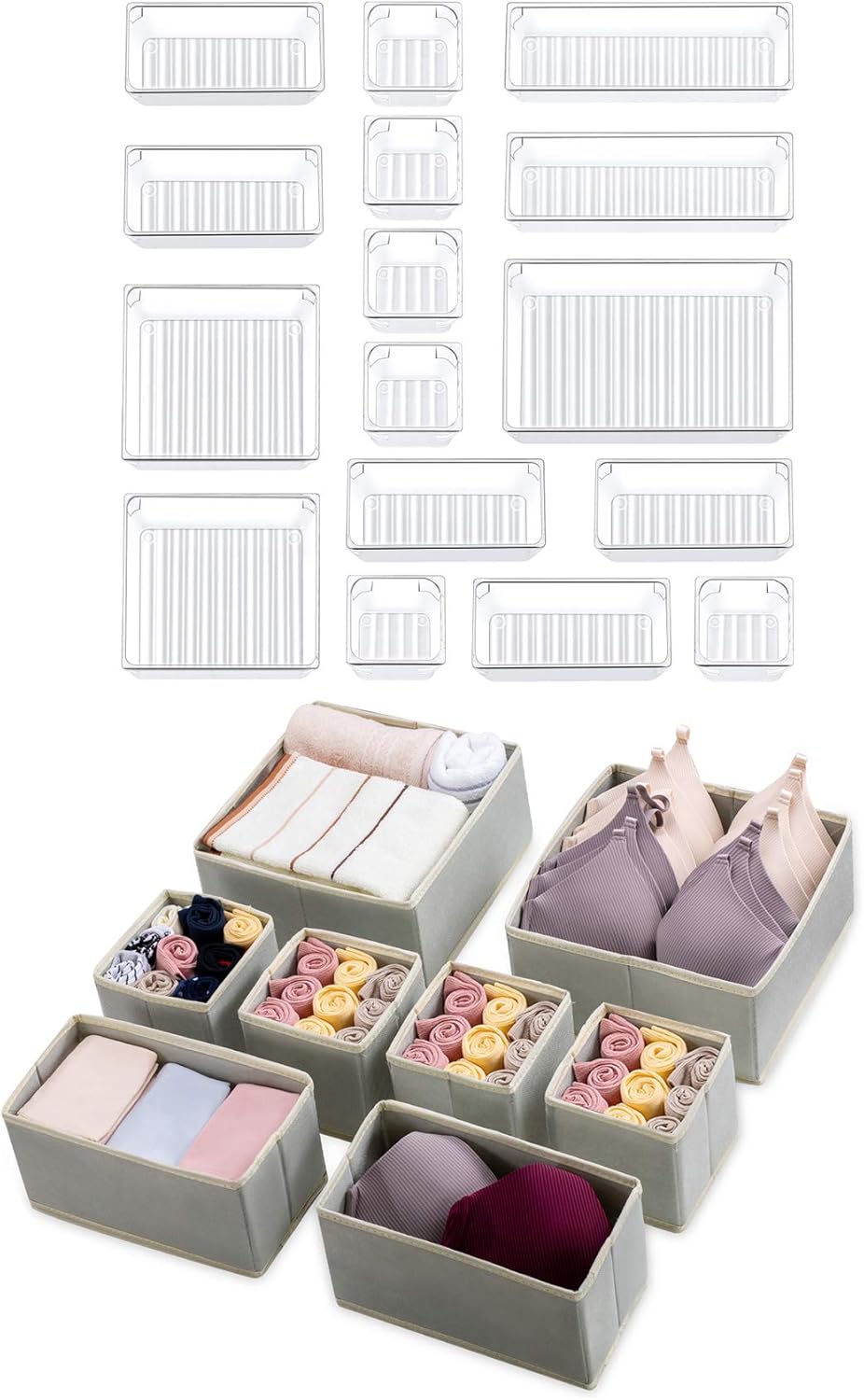 Kootek 16 Pcs Desk Drawer Organizer Tray with 5 Different and 8 Pack in 3-Size Foldable Underwear Drawer Organizers