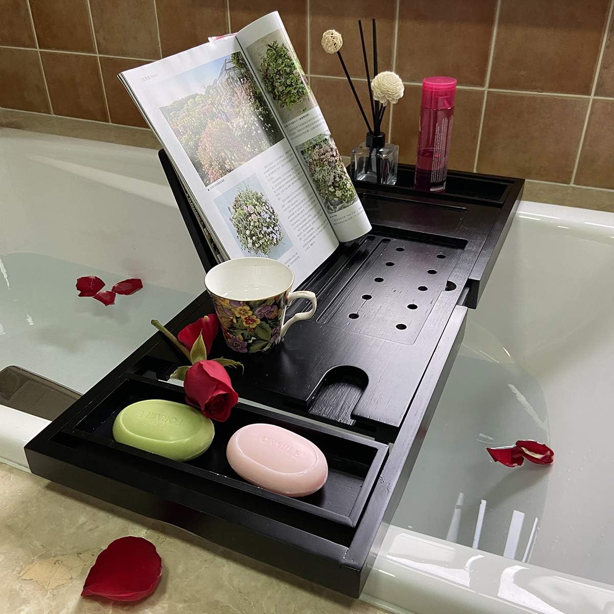 Simhoo Wide Bamboo Bath Caddy Tray Wooden Bathtub Adjustable Holder & Organizer for Glass/Soap/Notepad/Mobile/Bathroom Toiletries, Non Slip Extendable Sides