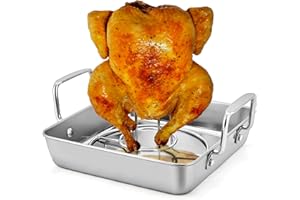 P&P CHEF Beer Can Chicken Holder with Roasting Pan Set, 9-inch Stainless Steel Square Baking Pan and Chicken Rack For Grilling, Heavy Duty & Dishwasher Safe, 2Pcs