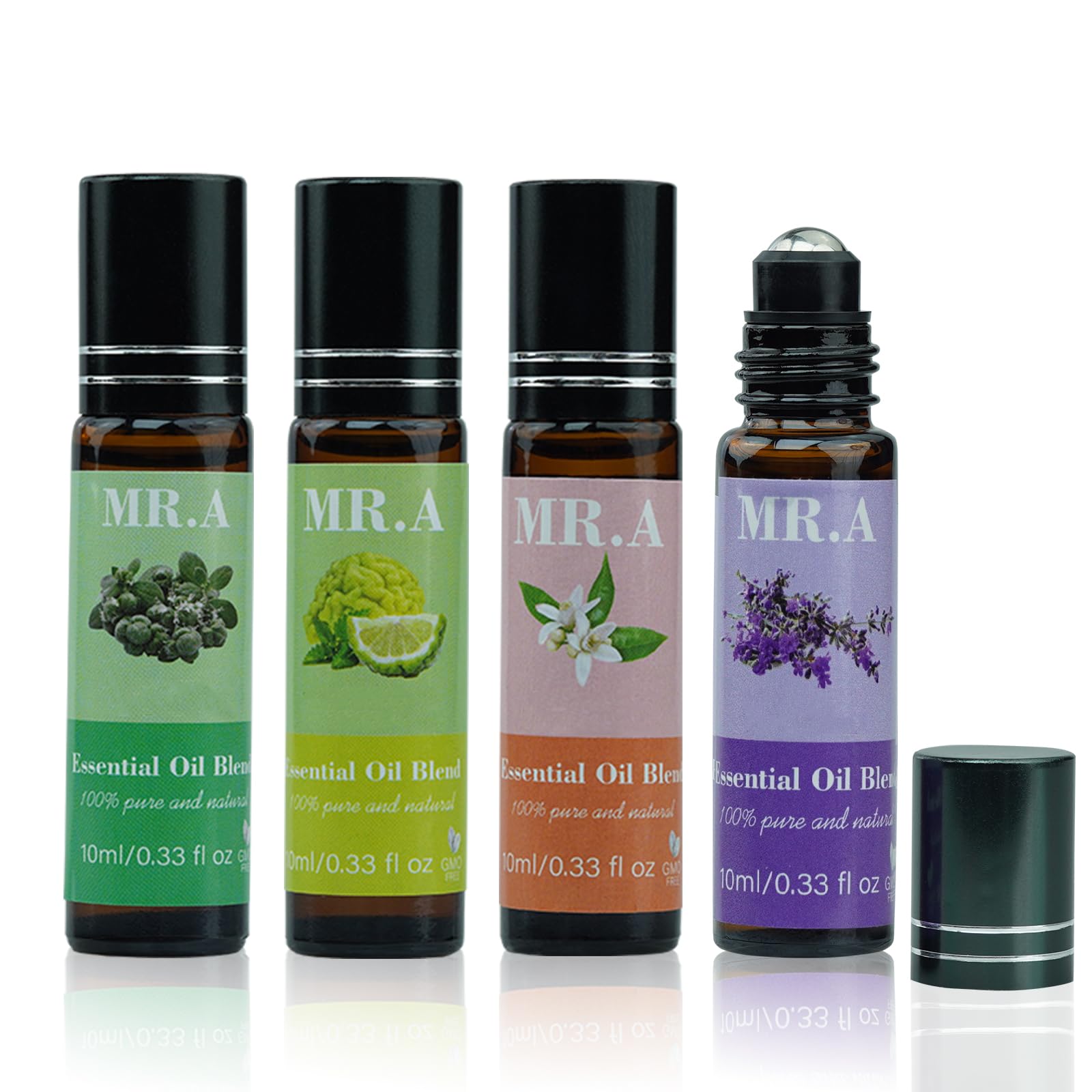 Photo 1 of 4 Pack Essential Roll On Blend Oils Set, 100% Natural Fragrance Oil, Aromatherapy Roll On Blend Oil with Pure Lavender, Petitgrain, Bergamot, Marjoram Oil, Gift for Women Men 0.33 fl.oz