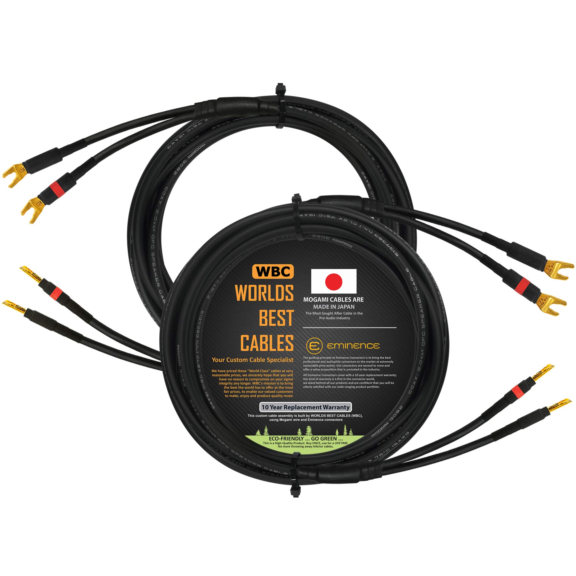4 Meter Pair of Mogami 3082 Superflexible Coaxial 15 AWG Audiophile Speaker Cables - Terminated With Gold Plated Banana to Spade Connectors - (2 Cables, 4 Meter Each & 2xBANANA to 2xSPADE)