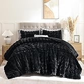 YIKUSH Black Comforter Set King - Luxurious Faux Fur Comforter for Winter, Fluffy Comforter Queen Set with 2 Pillowcases, Soft Warm Black Bedding Set