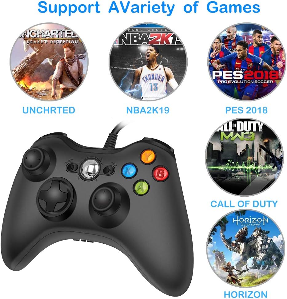 RegeMoudal 360 PC Game Wired Controller for Microsoft Xbox 360 and Windows PC (Windows 10/8.1/8/7) with Dual Vibration and Ergonomic Wired Game Controller (Black 1): Computers & Accessories