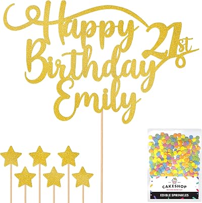Cakeshop Personalised Happy Birthday Glitter Cake Topper - Gold Name & Age