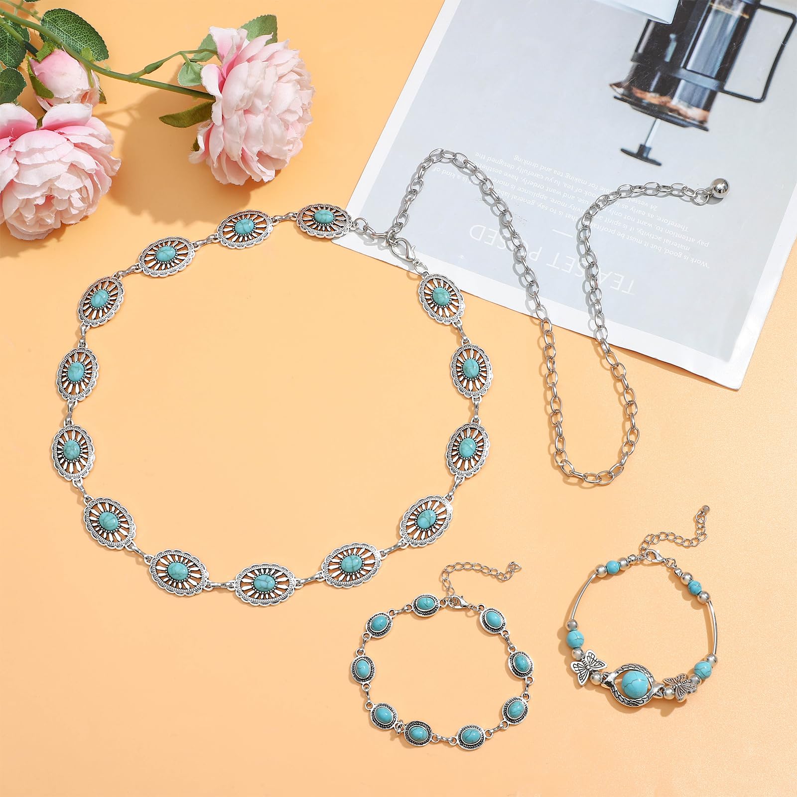 NEWITIN 20 Pieces Silver Bohemian Jewelry Set for Women Fashion Costume Jewels Turquoise Necklace Bracelet Ring Earrings Western Turquoise Jewelry Set for Women