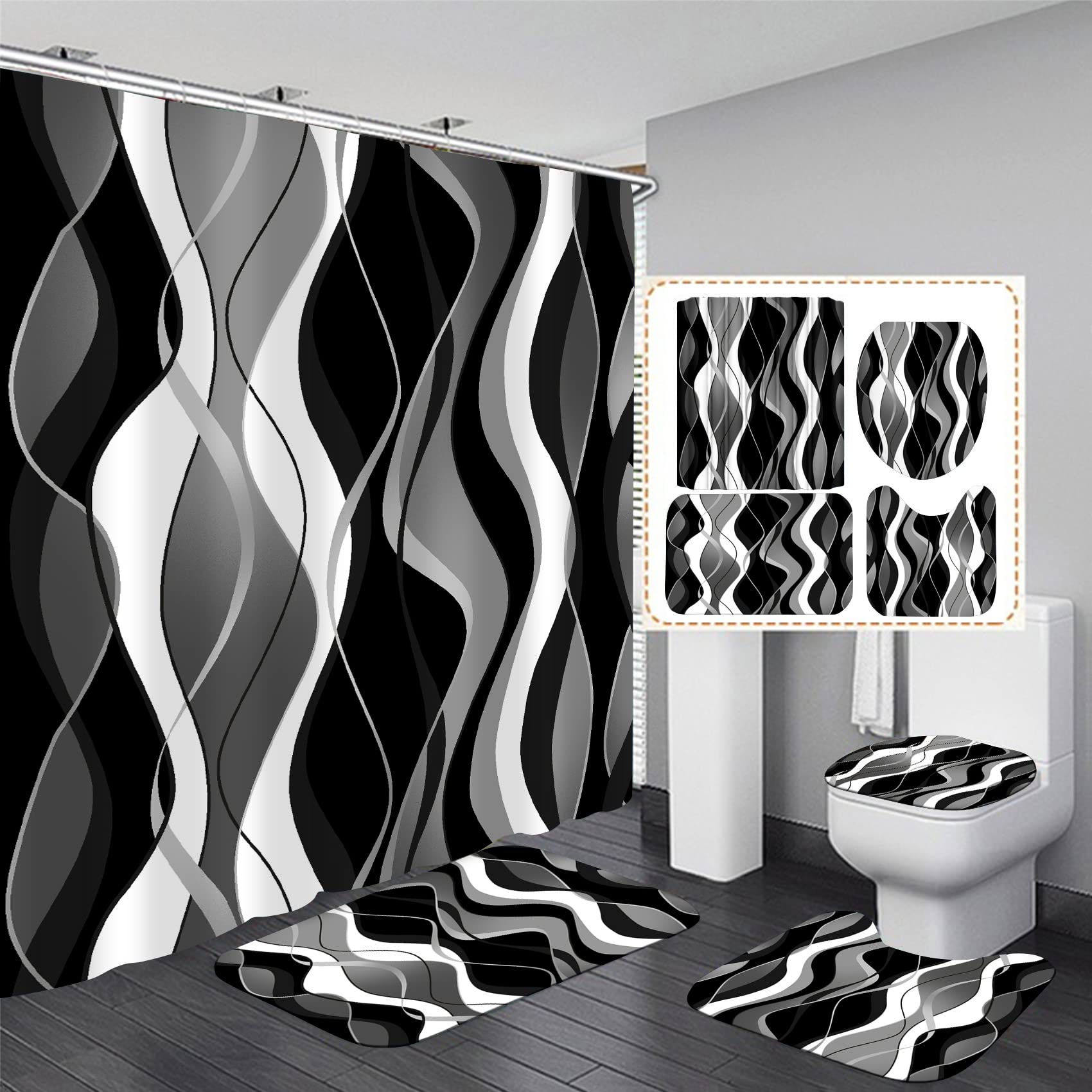 Photo 1 of Nkzply 4 Pcs Black and White Striped Shower Curtain Set Black and Grey Bathroom Sets with Shower Curtain and Rugs Modern Home Bathroom Decor Shower Curtains with Rugs and Toilet Lid Cover