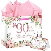 HSKMAKE Flower 90th Birthday Gift Bag for Women, Happy 90th Birthday Gift Bag with Card and Tissue Paper & Wrapping Paper for 90 Years Old Bday Party Decorations