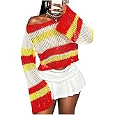 SweatyRocks Women's Striped Off The Shoulder Long Sleeve Crop Sweater Hollow Out Loose Pullover Knit Tops