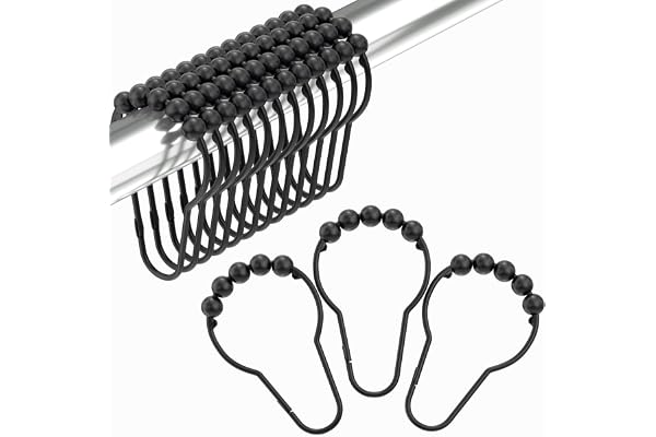 Amazer Rustproof Stainless Steel Shower Curtain Rings Hooks Set of 12 (Polished Matte Black)