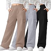 LessonZoo 3 Pack Girl's Wide Leg Sweatpants Cargo Pants Lightweight Baggy High Waisted Joggers Teen Girl Pants with Pockets