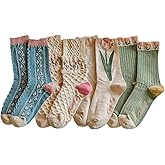 Casual Vintage Floral Cotton Socks for Women 4 Pairs Cute Ruffle Slouch Socks 5-9 for Teen Grils Above Ankle Athletic Socks (Tulip Series(4 Pairs))