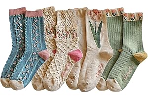 Casual Vintage Floral Cotton Socks for Women 4 Pairs Cute Ruffle Slouch Socks 5-9 for Teen Grils Above Ankle Athletic Socks, 