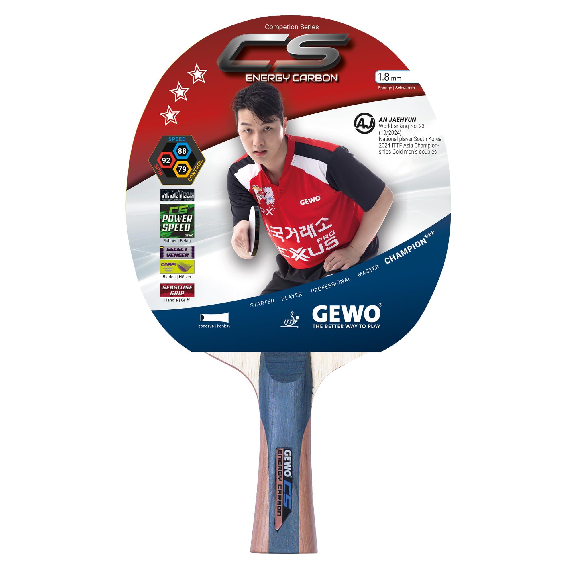 GEWO CS Energy Carbon Professional Table Tennis Bat, ITTF Approved, Carbon Bat with Controlled Coating and High Rotation Properties, Concave, 1.8 mm Sponge