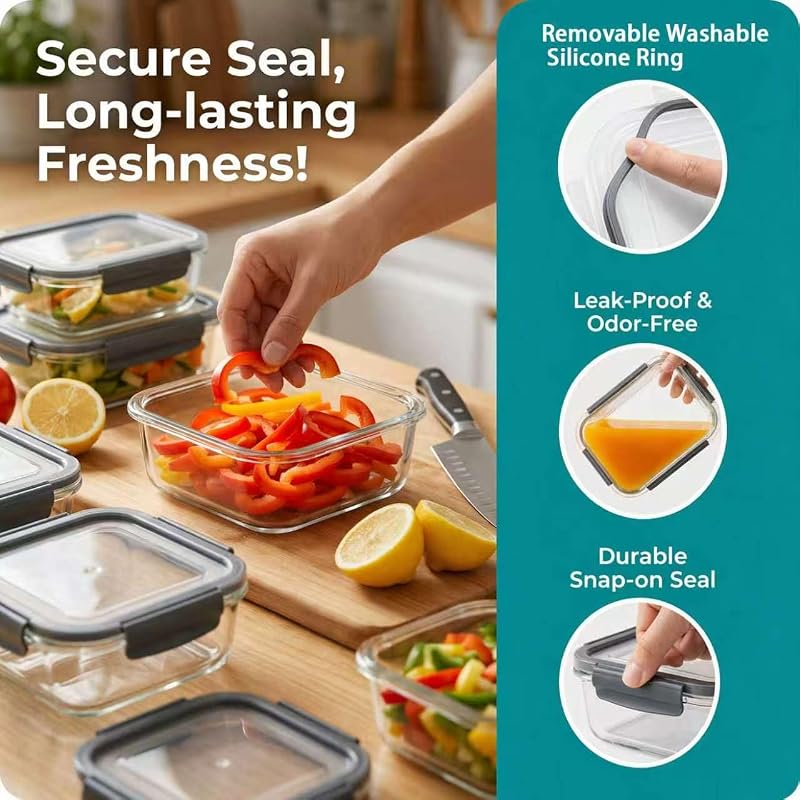 Recipientes de vidro de borosilicato para alimentos, conjunto de 2 peças para preparação e armazenamento de refeições (1040ml), recipientes herméticos para micro-ondas e máquina de lavar loiça, sem BPA — foto 5 de 8