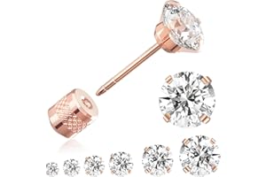 Threadless Flat Back Stud Earrings, 6 Pairs Titanium Hypoallergenic Earrings for Women Men, Cubic Zirconia Silver Gold Stud E